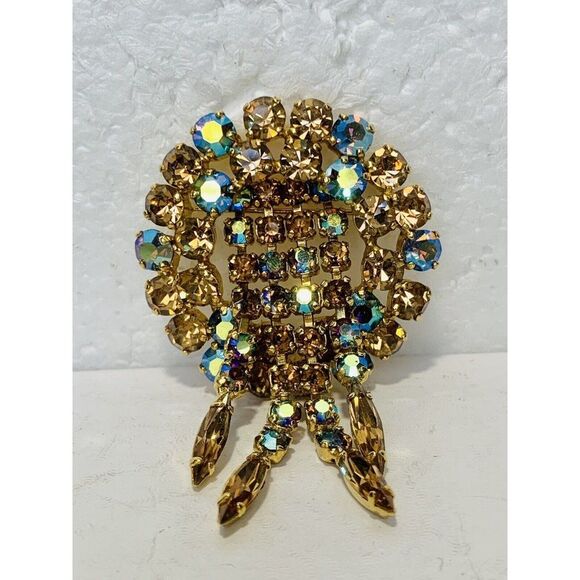 Vintage Austrian Crystal Aurora Borealis Shimmering Dangle  Gold Tone Brooch - Picture 8 of 8
